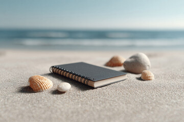 Inspiring beach scene a notebook surrounded by seashells and stones on sand, ocean backdrop. Serene, thoughtful, perfect for travel, writing, or vacation concepts.