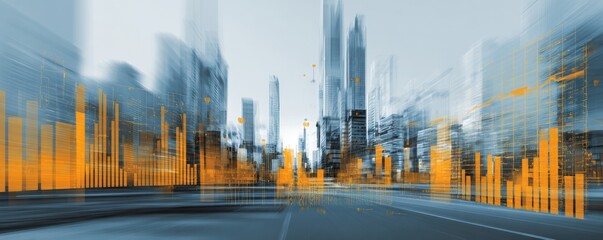 Blurred cityscape, overlaid with dynamic orange charts