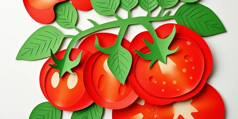 Layered papercut tomatoes, trendy collage, applique style, origami-inspired vegetable art,  origami,  paper art