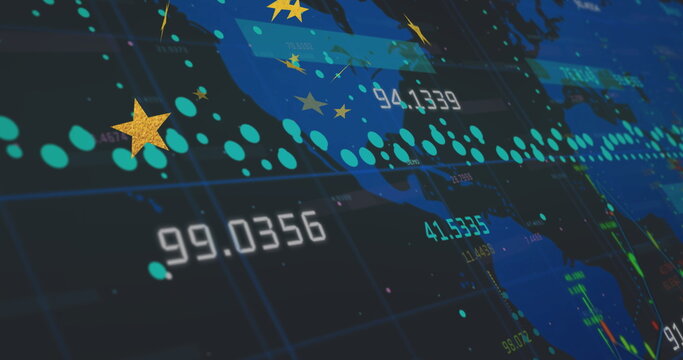 Displaying map showing grid lines, turquoise markers and data labels on navy panel with gold stars