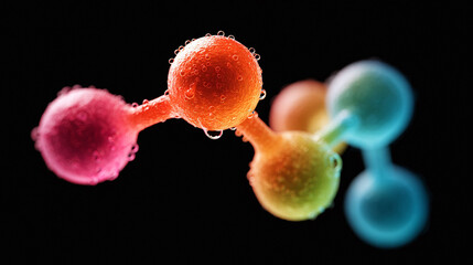 Abstract vibrant molecule model, colorful spheres connected, symbolizing science, medicine, or technology. Perfect for research, innovation, or healthcare themes.