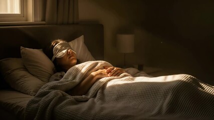 Young woman sleeping in bed with eye mask, covered with cozy blanket in soft morning light, concept of rest, relaxation, healthy sleep and comfort. - Powered by Adobe