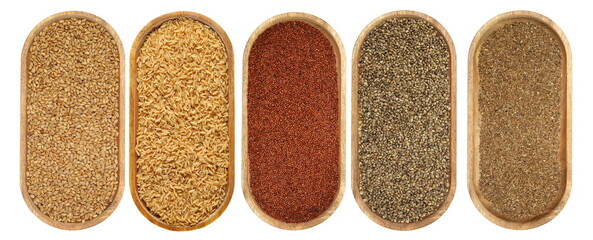 Set seeds, wheat grains, long brown rice, red quinoa, hemp and anise in wooden bowl, isolated on white background, top view, clipping path 