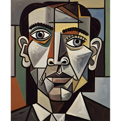 A striking Cubist portrait painting of a man with fragmented features and geometric shapes, rendered in a modern art style.