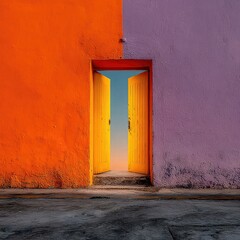 Vivid yellow door between vibrant orange and purple walls