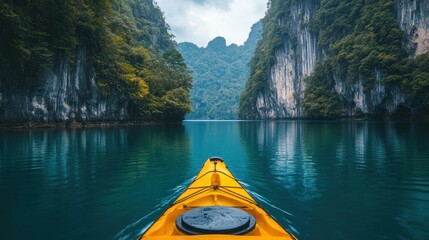 Kayaking through a stunning tropical bay surrounded by lush green cliffs