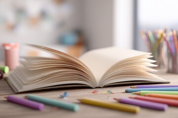 Open book and colorful art supplies on a wooden table