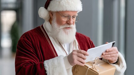 Santa checking his list while holding a gift box in a modern indoor setting during the holiday season