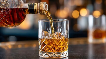Bartender pouring golden whiskey into crystal glass on bar counter with ice