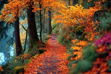 Scenic forest pathway in vibrant autumn foliage