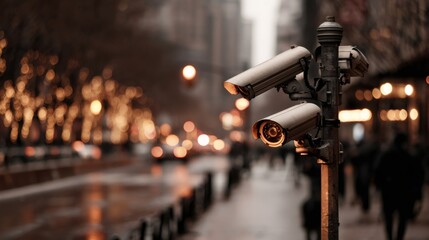 Security cameras monitoring busy city street at night