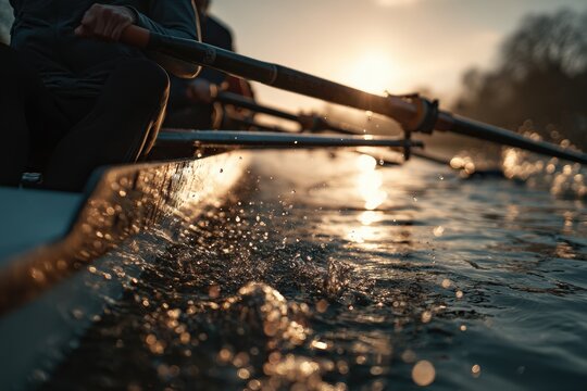 Rowing team at sunrise on a tranquil water - Powered by Adobe