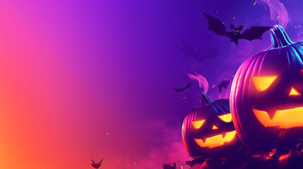 Beautiful glowing jack o lantern pumpkins with flying bats on vibrant purple gradient background​​​​​​​​​​​​​​​​