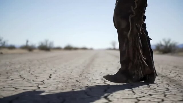 Cowboy in fringed chaps and boots walks on a hot barren cracked earth road holding a hat