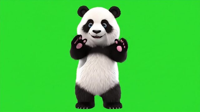 Cute Panda Costume Character Playing and Waving in Front of Green Screen