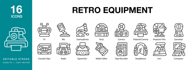 Retro Equipment icon set. Includes retro, equipment, vintage, old, music, and More. Editable Stroke Icon Collection.