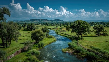 Serene river winds through green valley under a vibrant sky