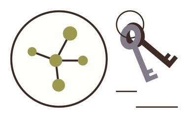Molecular diagram and two keys emphasizing concepts of security, access, connection, and discovery. Ideal for technology, innovation, data protection, science, key management collaboration systems