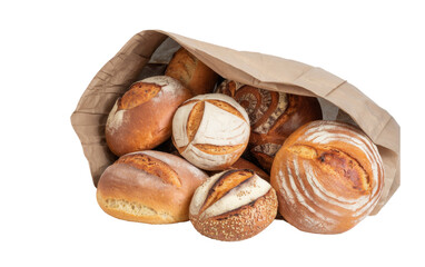 bread loaves in a paper bag on white background