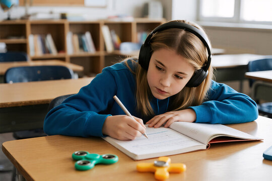 Focused teenage girl with ADHD using fidget spinner and headphones while studying at desk, bright modern classroom environment supporting concentration