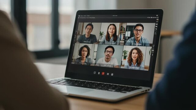 Video conference call with six people on a laptop screen