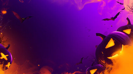 Spooky Halloween background with glowing pumpkins and flying bats on purple gradient
