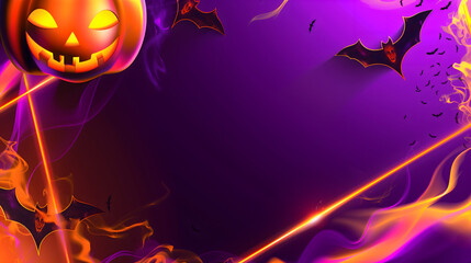 Halloween night scene featuring jack o lanterns and bats with vibrant purple lighting