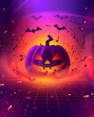 Halloween horror night scene with glowing carved pumpkins and flying bats on violet lighting
