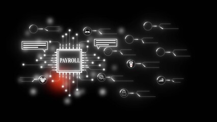 Payroll Processor with Connected Digital Icons and Glowing Circuitry on Black Background chip central processing unit