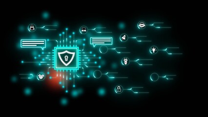 Cybersecurity Network with Central Shield Icon and Teal Glowing Data Connections technology
