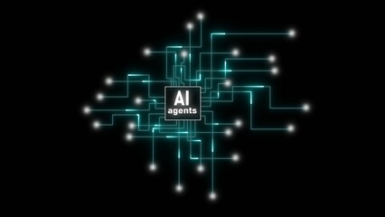 AI agents technology network with glowing cyan lines and nodes on black background artificial intelligence