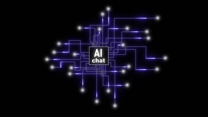 AI Chat technology network with glowing purple lines and nodes on black background artificial intelligence