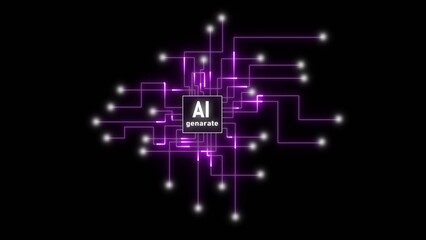 AI Generate Circuit Board with Glowing Purple Lines and White Nodes on Black Background artificial intelligence