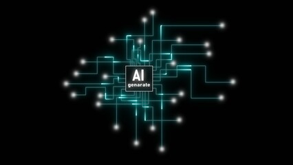 AI Generate Circuit Board with Glowing Teal Lines and White Nodes on Black Background artificial intelligence