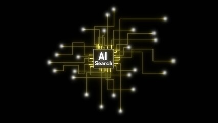 AI Search Circuit Board with Glowing Yellow Lines and White Nodes on Black Background artificial intelligence