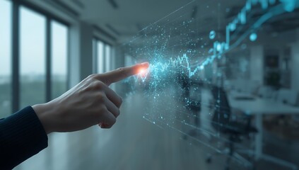 A hand interacting with a glowing futuristic digital interface displaying a dynamic stock market graph, symbolizing financial technology and data analysis