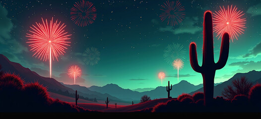 Mexican Independence Day Night Banner with Fireworks, Cactus Silhouette and Papel Picado
