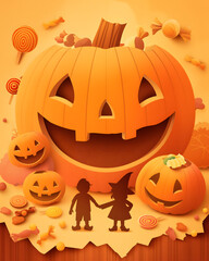 Children Halloween party with glowing jack o lanterns and orange autumn atmosphere