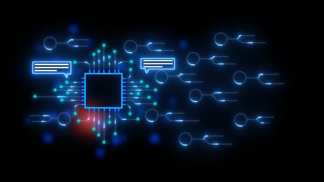 Central blue glowing microchip with radiating lines and connected nodes, representing data flow and communication