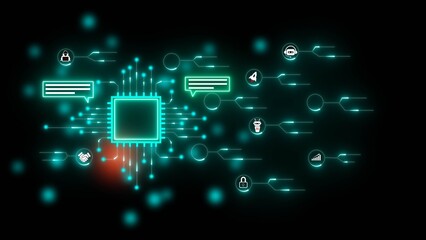 Futuristic AI circuit board with glowing cyan lines and digital icons on black background artificial intelligence