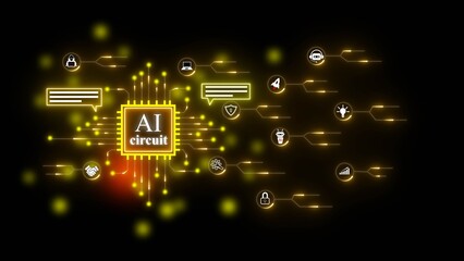 Yellow glowing AI circuit board with digital icons and abstract bokeh on black background artificial intelligence