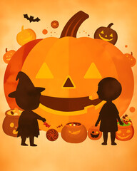 Children Halloween celebration with glowing pumpkins and autumn orange lighting