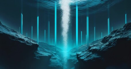 Pressure causing bubble column rising from fissure in underwater chasm, pulsating cyan beams - Powered by Adobe