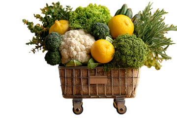 Assorted Fresh Vegetables And Lemons In A Miniature Shopping Cart healthy food isolated on a transparent background