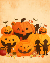 Halloween party background with children trick or treating and pumpkin designs
