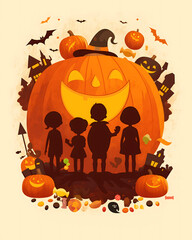 Halloween adventure background featuring kids walking and orange pumpkin atmosphere
