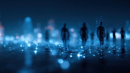 Silhouettes of people walking in a city at night, digital network