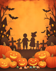 Autumn Halloween background featuring kids and carved jack o lantern decorations