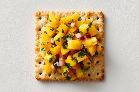 top down view of square cracker with mango salsa against white background