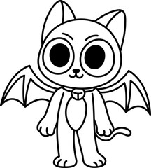 Cute Bat-Winged Black Cat Standing with Big Eyes (Coloring Page Outline Illustration)